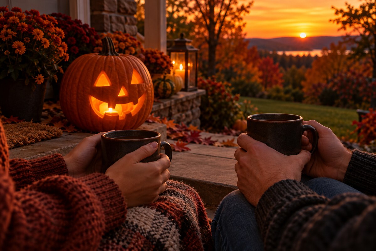 Two friends' hands holding matching mugs in front of a carved pumpkin on a porch
