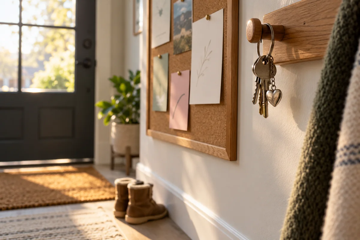 A ring of keys with a heart-shaped charm hanging from a hook beside a school timetable on a corkboard.