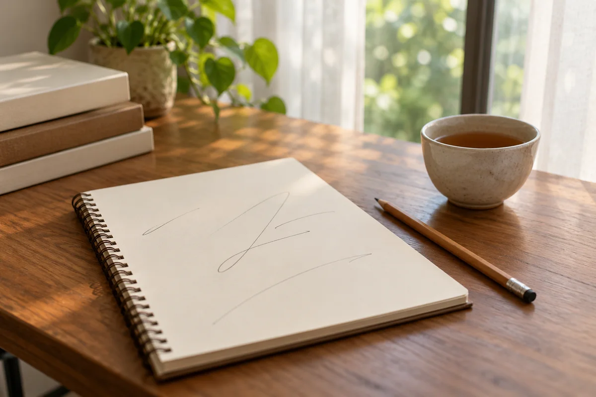 A cream notepad beside a pencil and a cup of tea on a desk.