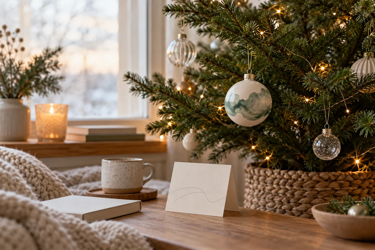 A family ornament hanging on a small tree beside a window with soft snow-colored light.