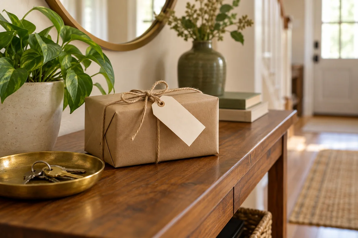 A blank gift tag on a small wrapped parcel next to a plant in a bright hallway
