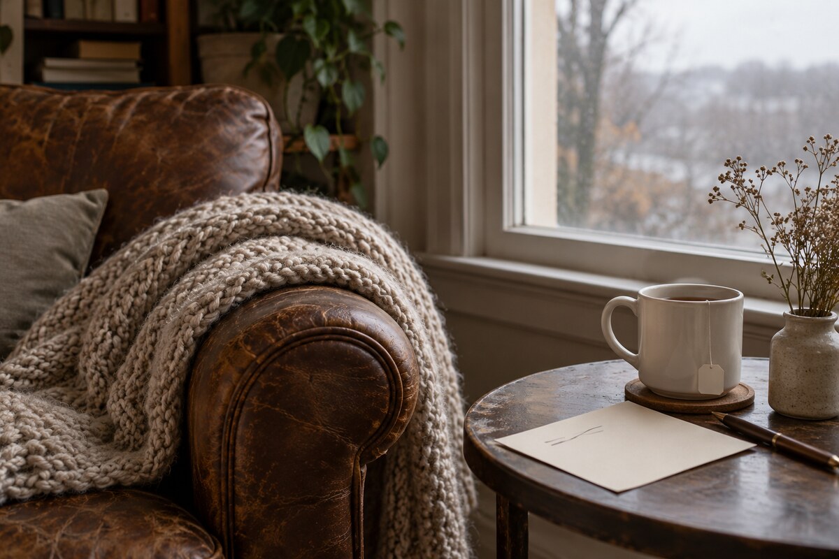 A knitted throw folded on an armchair beside a mug and a blank card