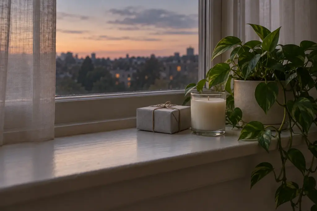 A single plain candle and a small wrapped box on a windowsill beside a green plant.