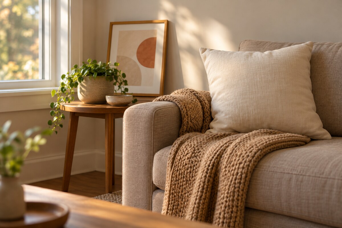 A throw pillow and a framed print arranged on a sofa beside a window