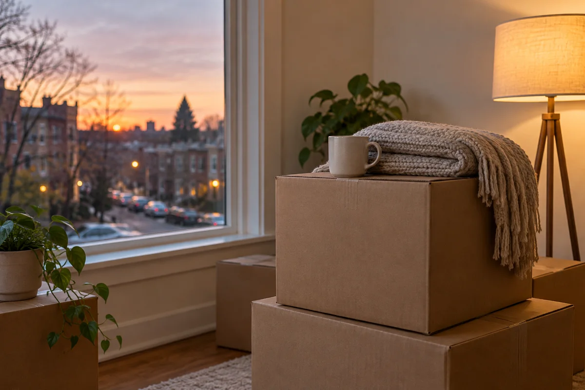 A mug and a folded knit throw on a stack of moving boxes beside an uncurtained window.