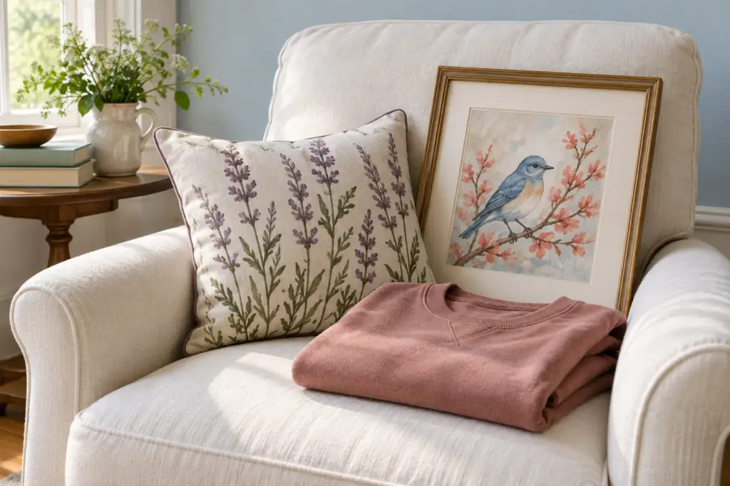 A small pillow, a framed bird painting and a folded shirt on a pale chair in soft window light.