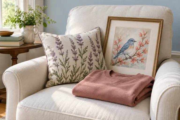 A small pillow, a framed bird painting and a folded shirt on a pale chair in soft window light.