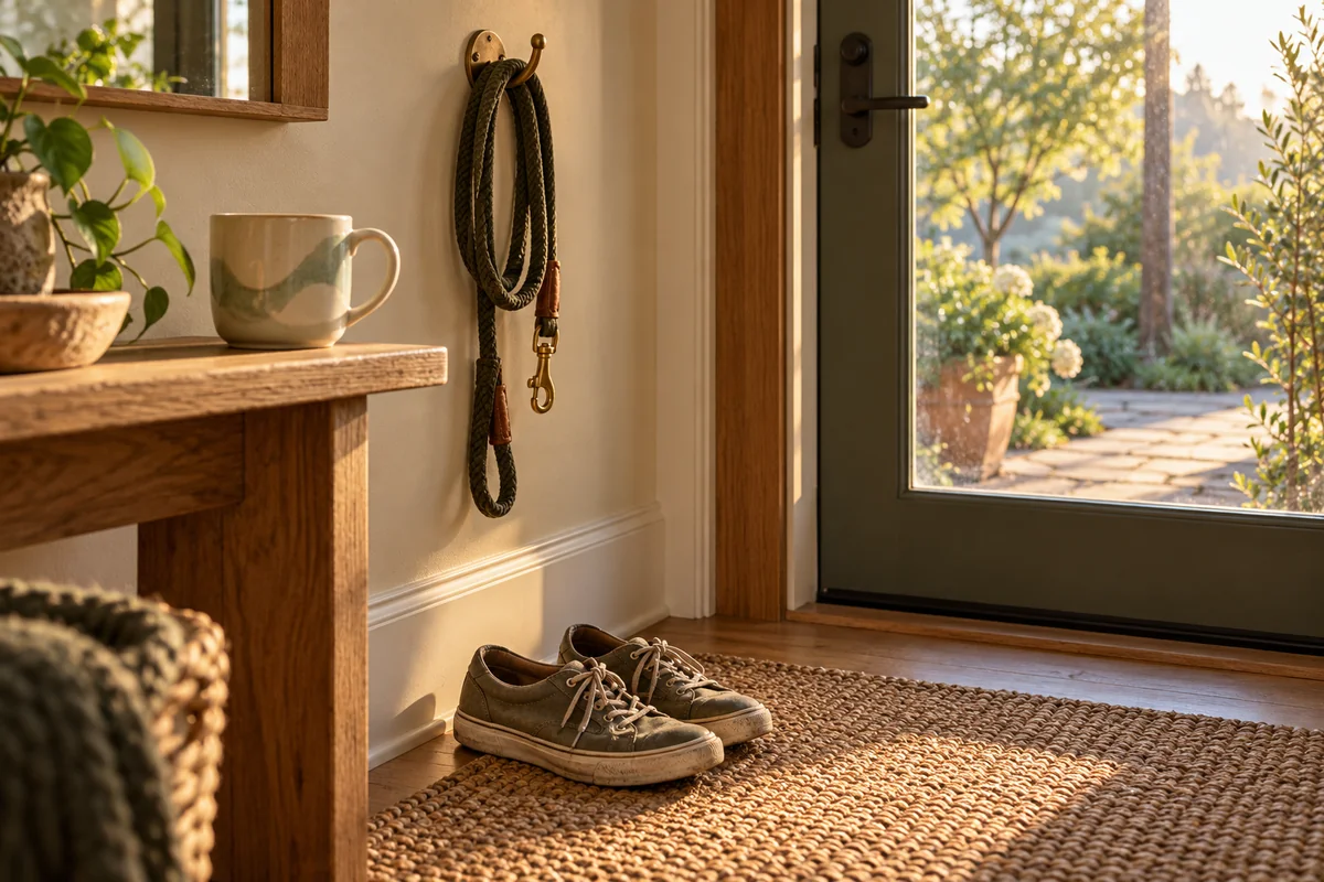 A leash on a hook, a coffee mug on a ledge and a pair of walking shoes by a front door.