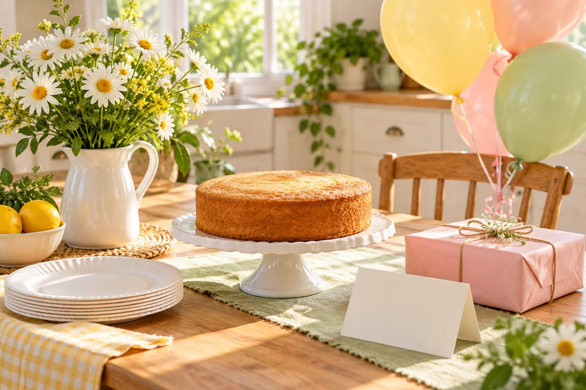 A kitchen table set for a small birthday with a plain cake stand, paper plates and a bunch of balloons in pastel colors.