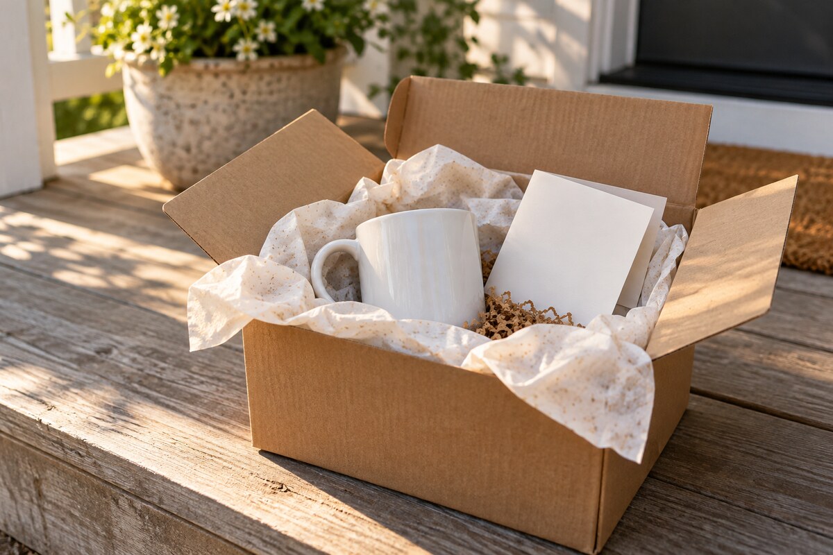 An open parcel with a mug, tissue paper and a blank folded note on a doorstep