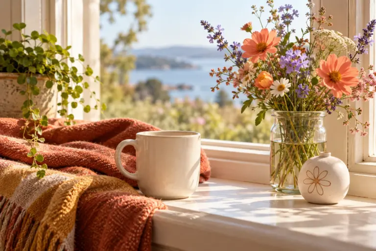 A mug, a folded blanket and a small ornament on a sunny windowsill with wildflowers in a jar.