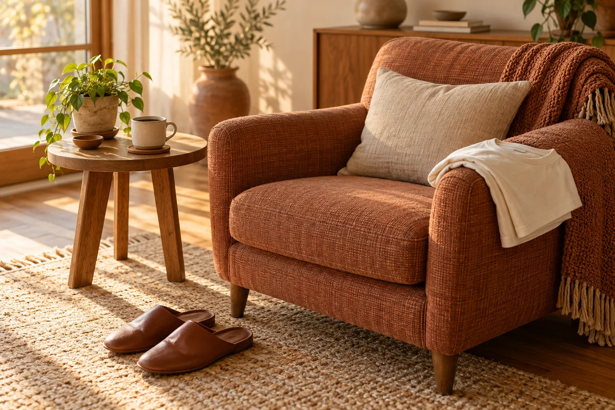 A folded plain cream t-shirt on the arm of a comfortable armchair beside slippers.