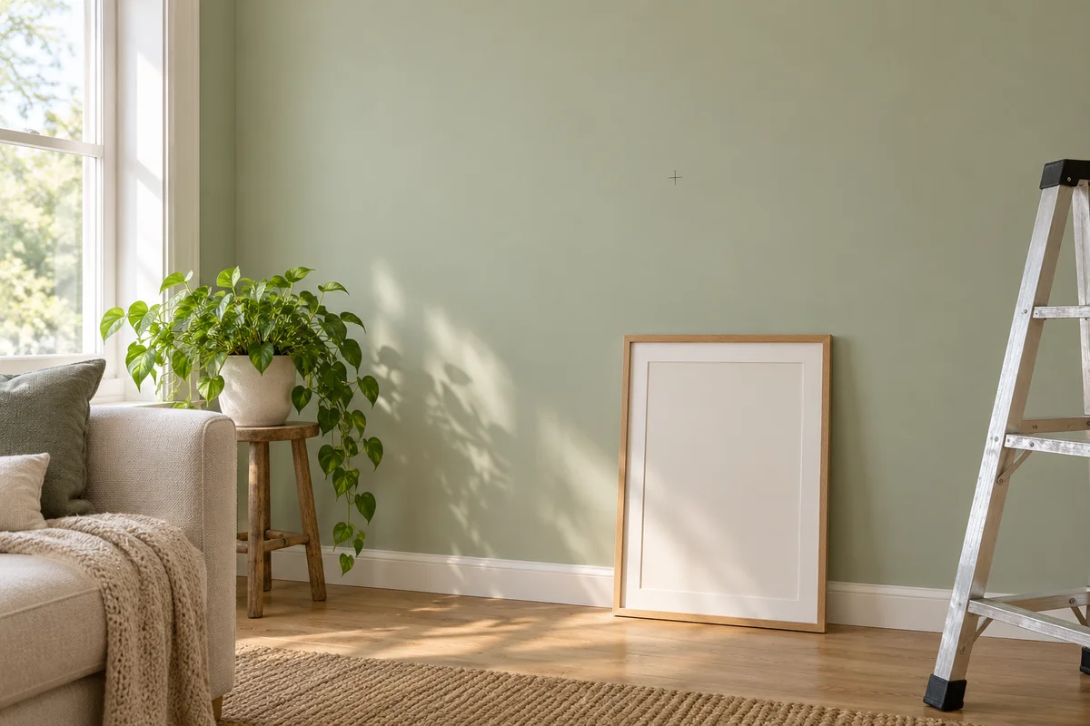 A bare living room wall with a pencil mark and a leaning empty frame on the floor beneath it.