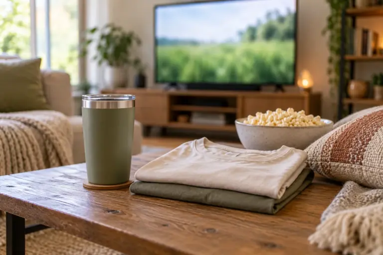 A matte tumbler and two folded tees on a coffee table before a game, with a blank television glowing behind.