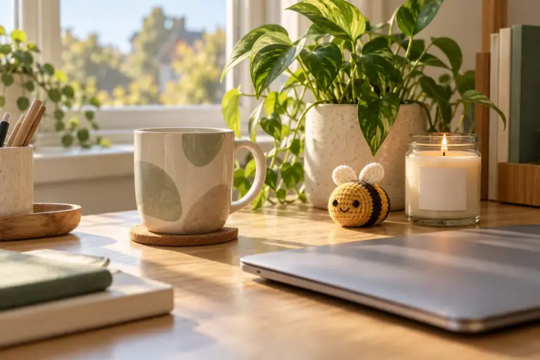 A tidy desk with a mug, a small crocheted bee and a candle beside a laptop in soft morning light.