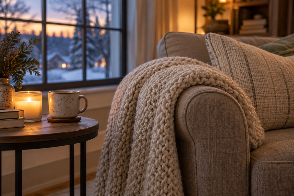 A cozy knit throw folded on an armchair beside a candle and a mug on a small table