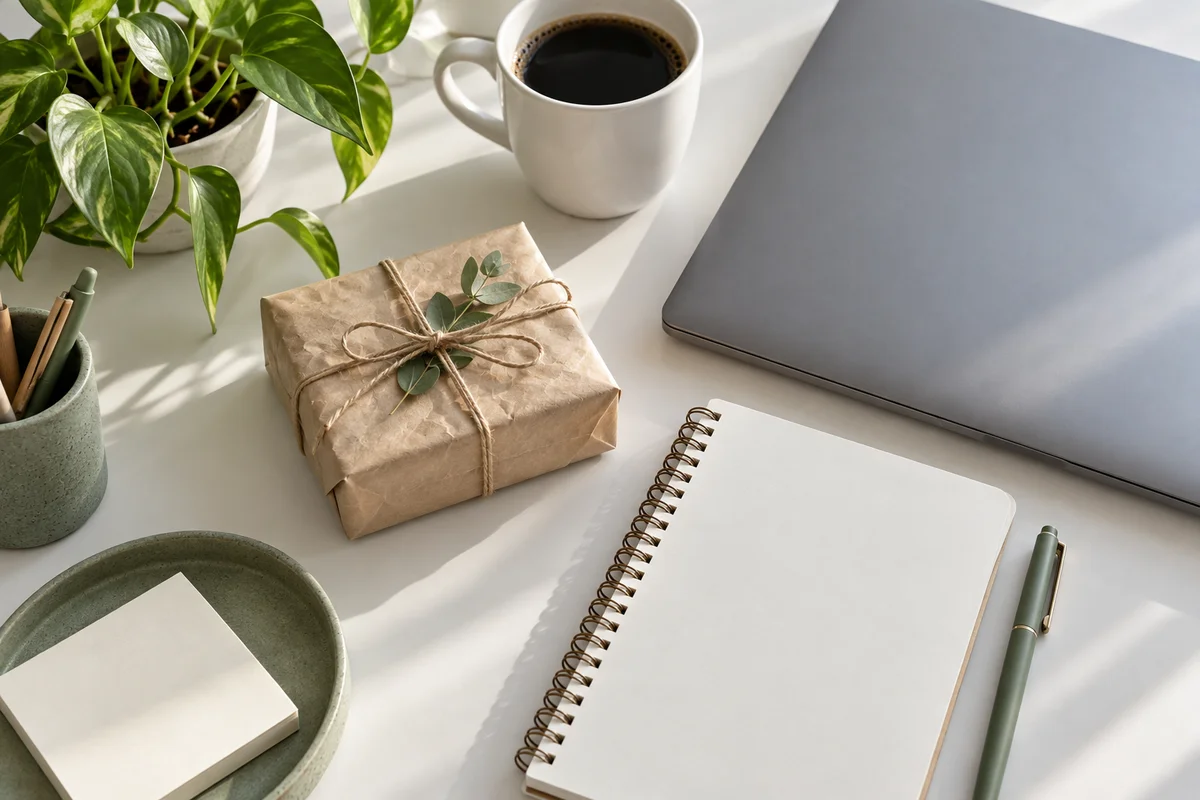 A wrapped gift tied with twine and eucalyptus on a white desk beside a closed laptop, coffee cup and blank notebook.