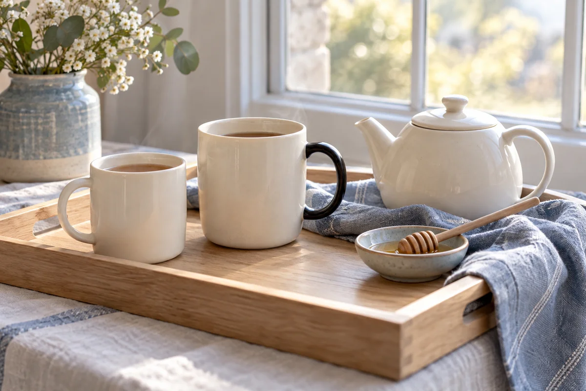 A smaller and a larger plain mug side by side on a tray with a teapot.
