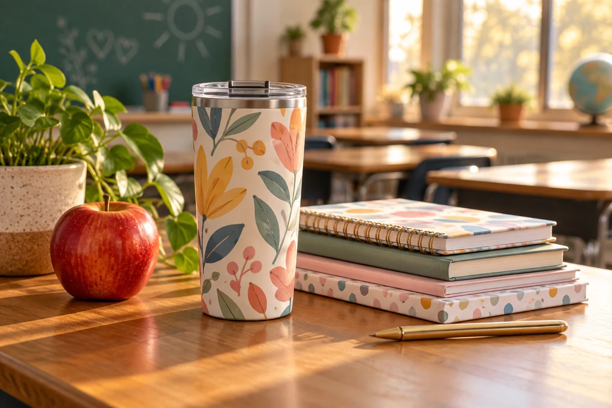 A tumbler and a stack of notebooks on a classroom desk with an apple