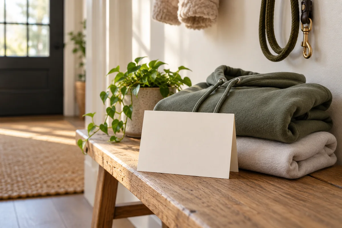 A folded greeting card with a blank front and a plain hoodie on a bench.