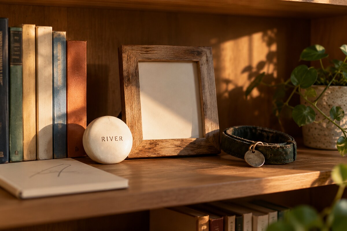 A framed photo space on a bookshelf with a small keepsake and a dog collar