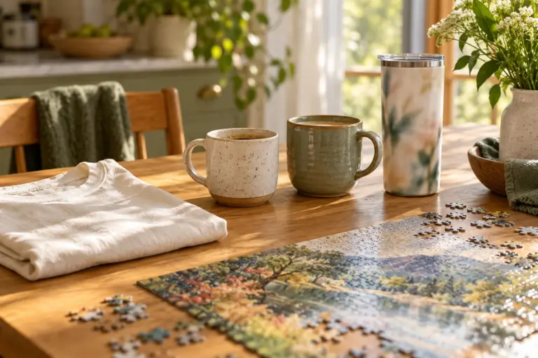 Two mugs, a folded shirt and a tall tumbler on a sunny kitchen table with a half-finished puzzle.