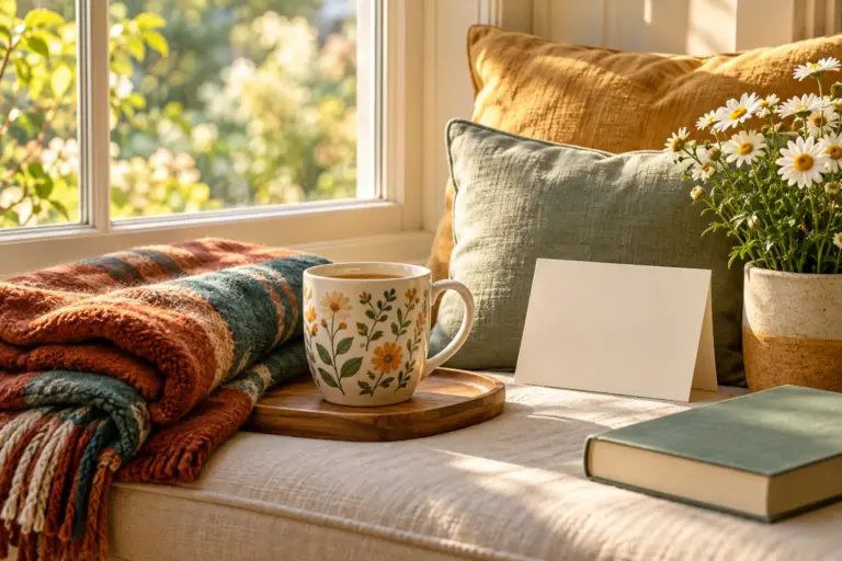 A mug with a floral design, a folded fleece blanket and a blank card on a sunny window seat