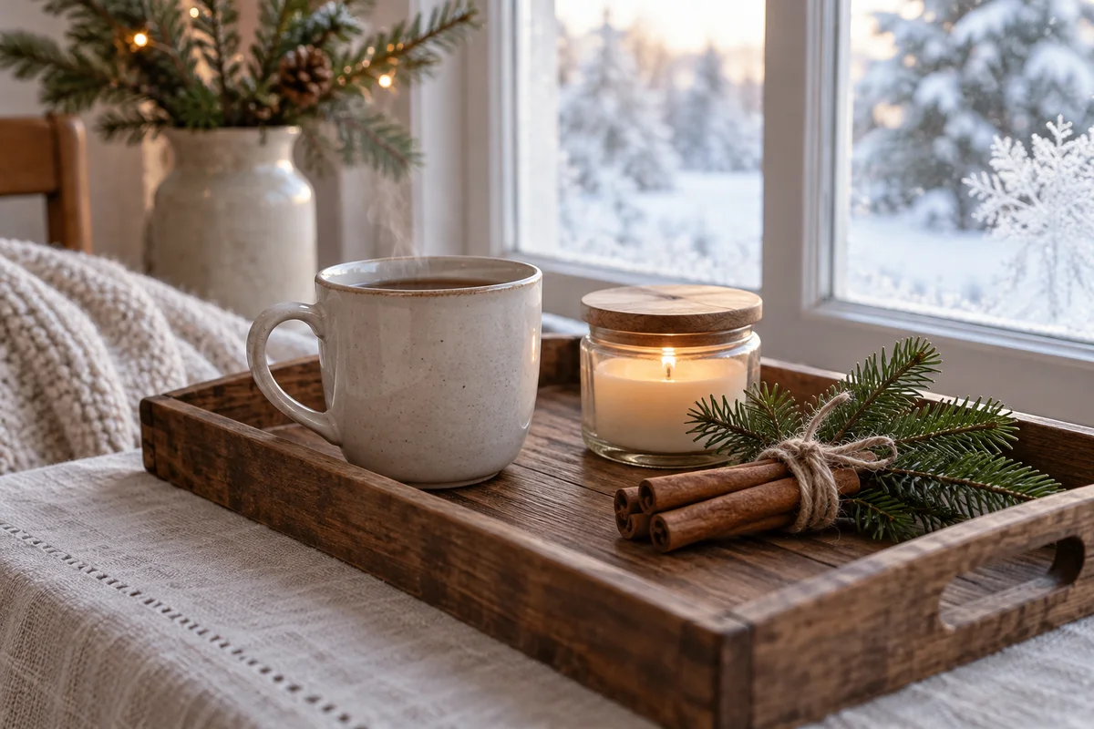 A mug, a candle and a bundle of cinnamon sticks with a pine sprig on a tray.