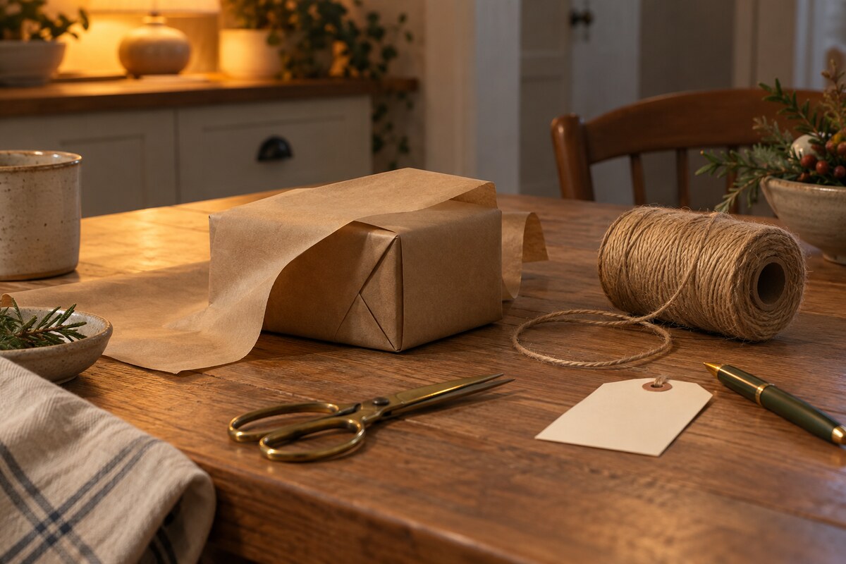 A half-wrapped gift box with twine, scissors and a cream tag on a kitchen table