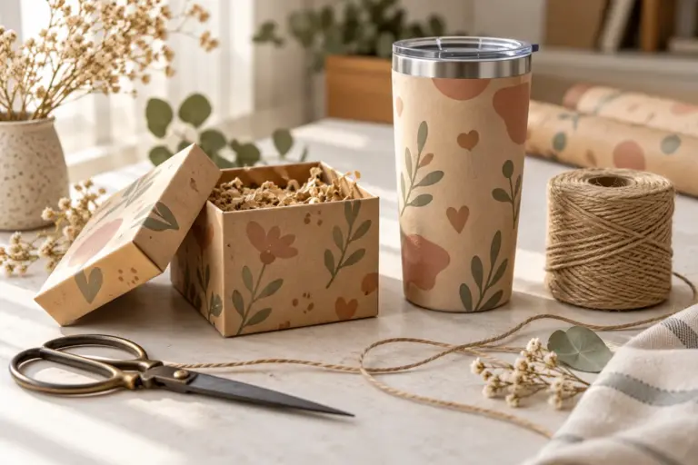 A wrapped mug and a tall tumbler on a worktable surrounded by kraft paper, twine and scissors