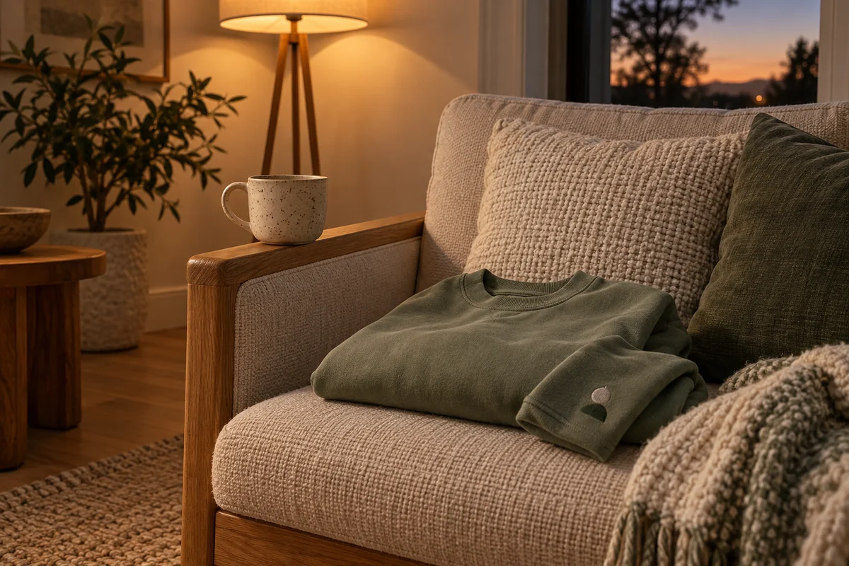 A speckled mug and a folded sweatshirt on a chair beside a floor lamp.