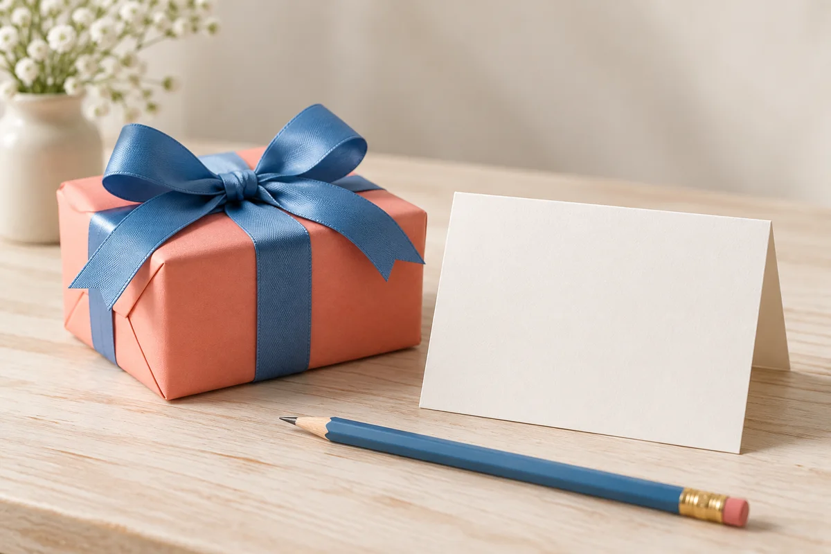 A small wrapped gift with a blue bow beside a blank card and a pencil on a pale table.