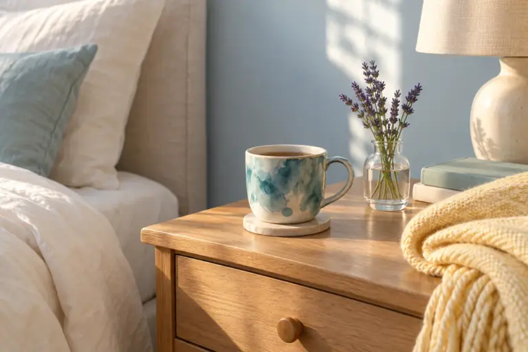 A cup of tea, a soft blanket and a small keepsake on a bedside table in gentle morning light.