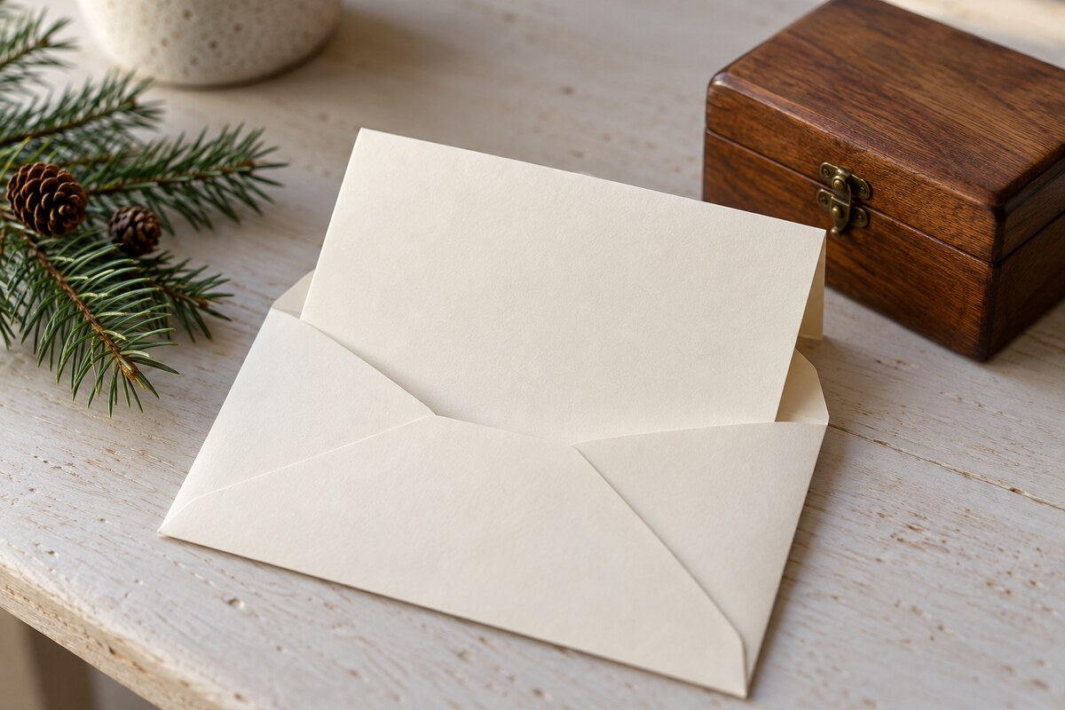 A blank folded sheet in an envelope beside a box and a pine sprig