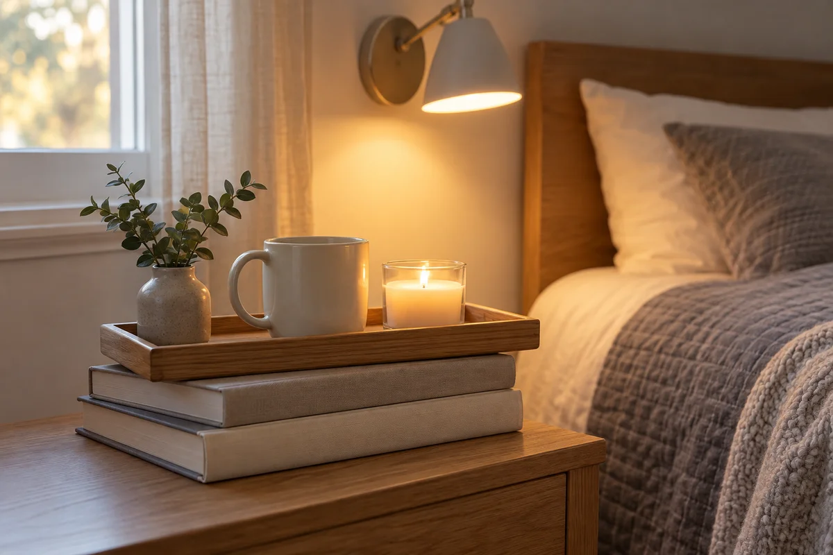 A plain mug and a small candle on a narrow tray on top of a stacked set of books.