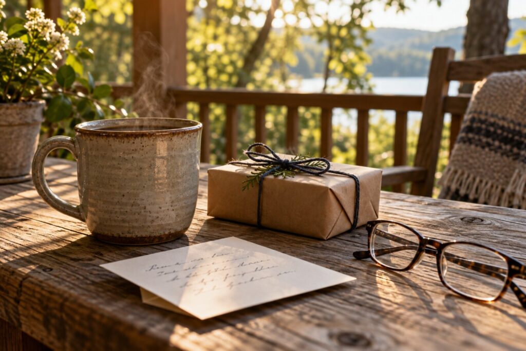 A Father's Day table with a mug, a small wrapped gift and a card in warm morning light.