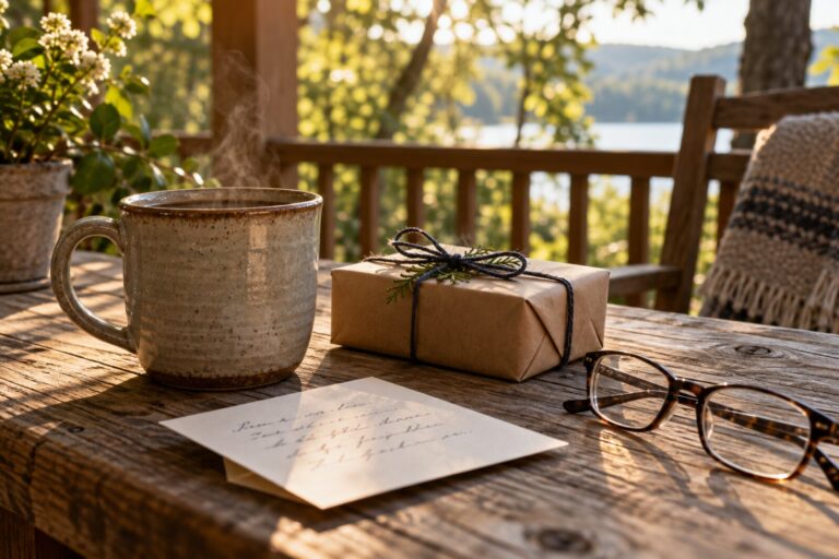 A Father's Day table with a mug, a small wrapped gift and a card in warm morning light.