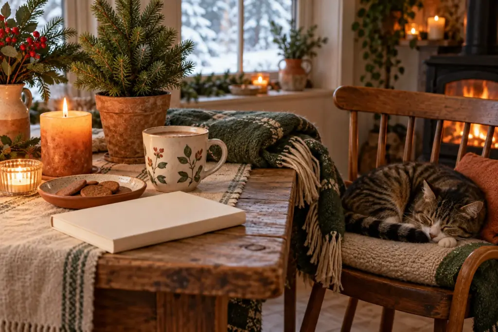 A festive table with a cozy throw, a plain mug and a sleeping cat on a chair