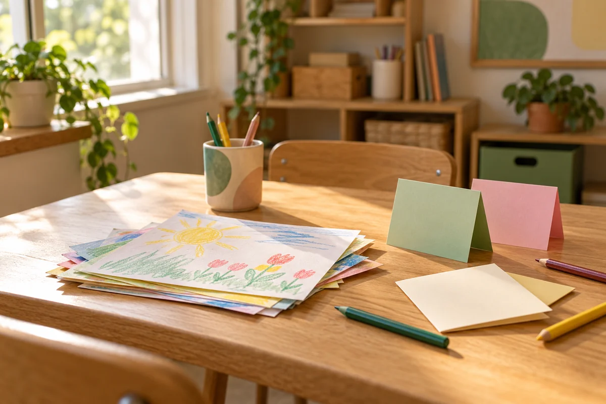 Colorful crayon drawings, folded blank cards, a pencil cup and pencils on a classroom-style table.