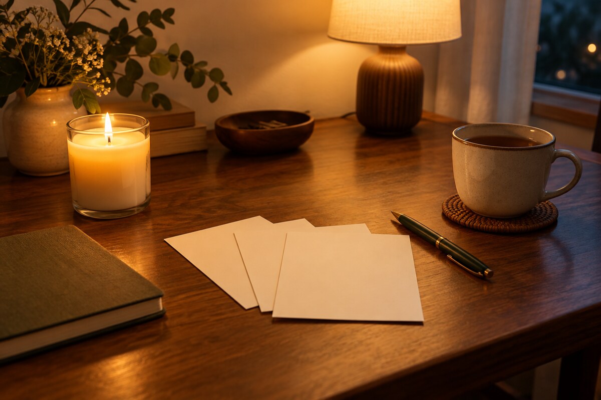 A desk with a lit candle, a pen and a stack of cream cards in warm lamplight