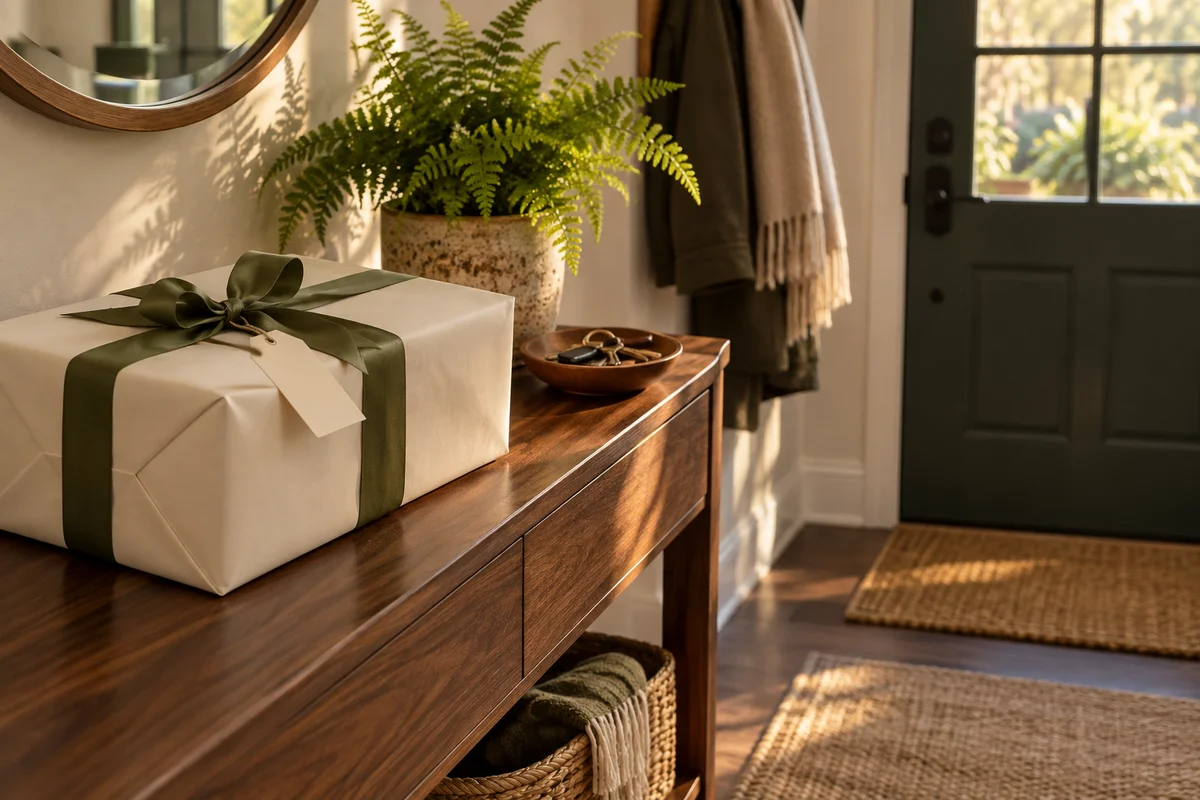 A hallway table with a wrapped gift and a blank tag ready to hand over.
