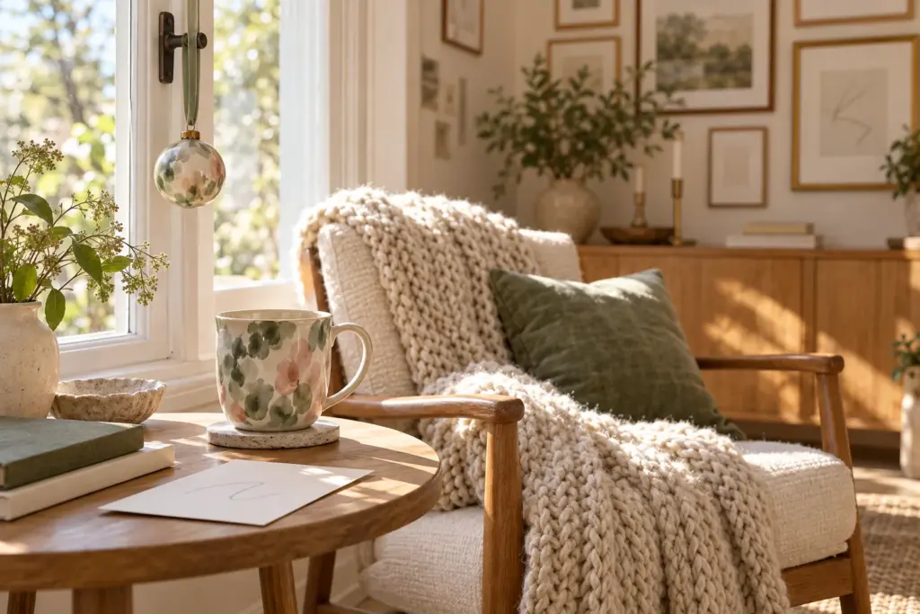 A mug, a family ornament and a knit throw arranged near a sunlit window and a framed photo wall.