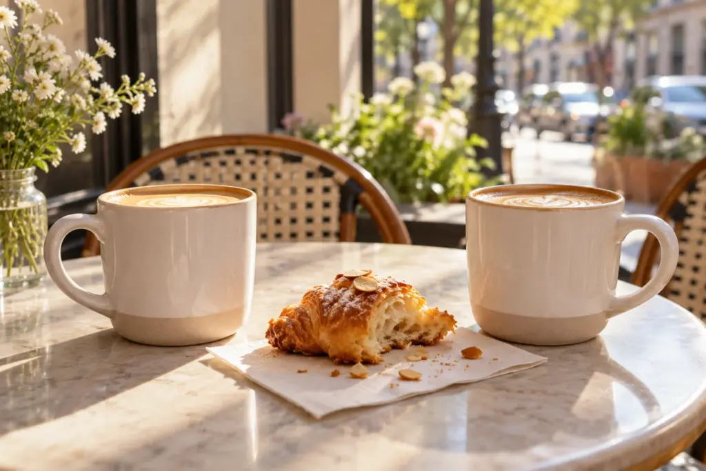 Two matching coffee mugs and a shared pastry on a sunny cafe table.