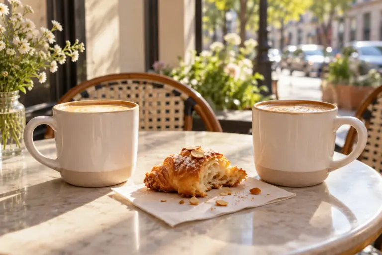 Two matching coffee mugs and a shared pastry on a sunny cafe table.