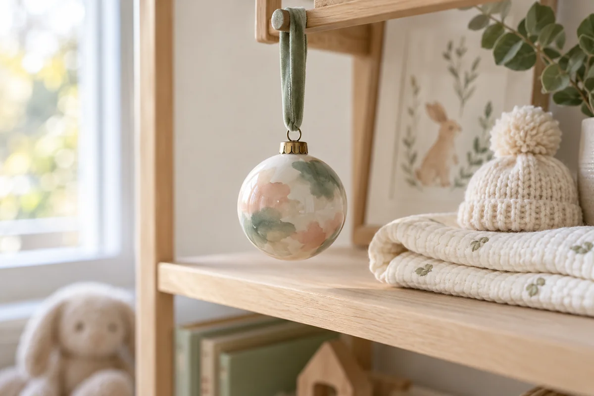 A small round holiday ornament on a nursery shelf beside a folded muslin cloth.