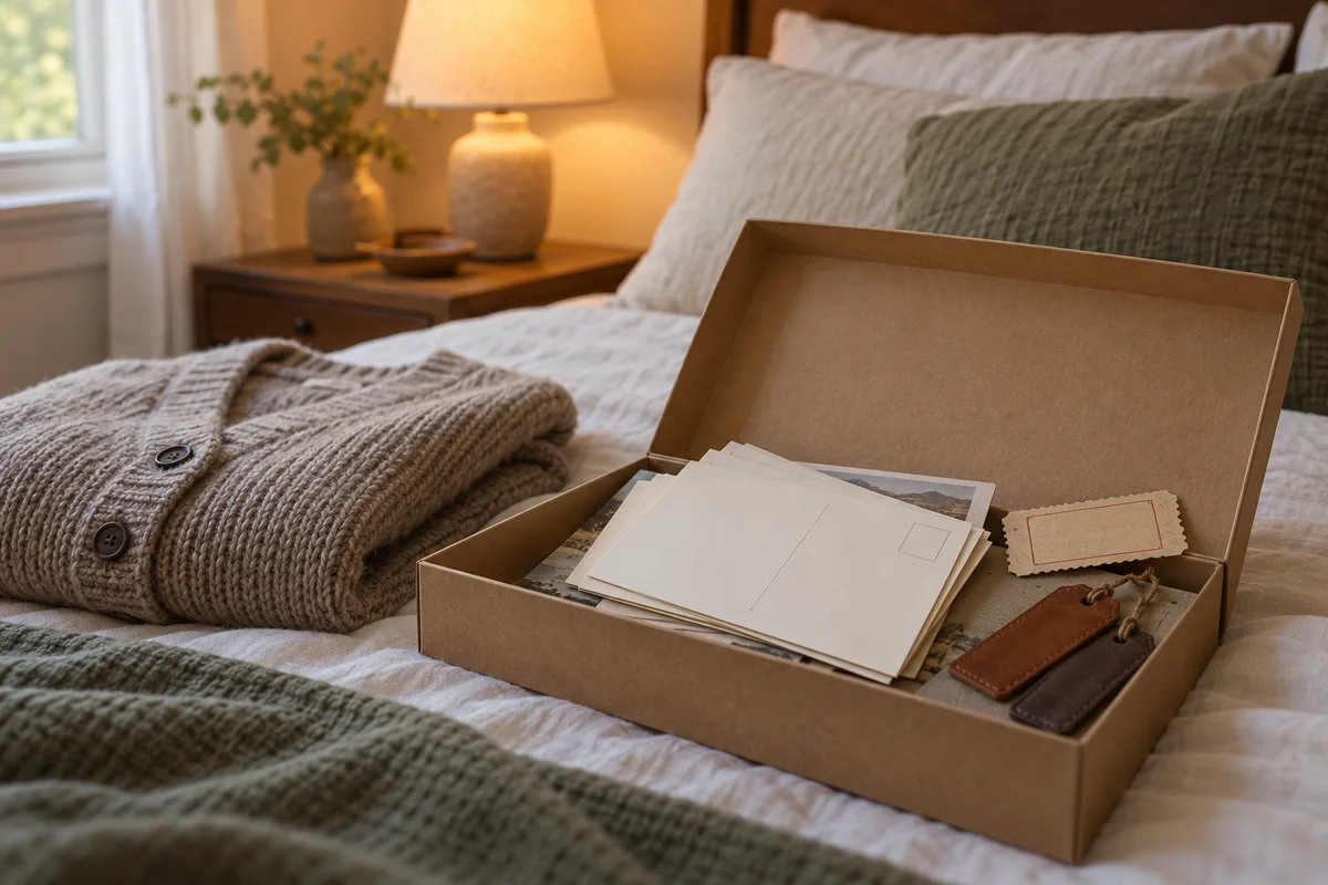 A shoebox with loose postcards, a ticket stub and a pair of small keepsakes on a bed.