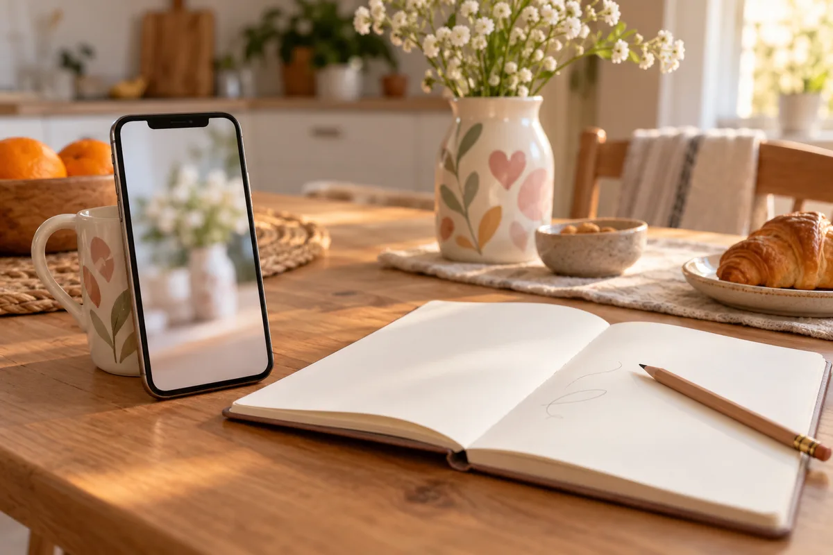 A phone propped beside a notebook and a mug on a kitchen table
