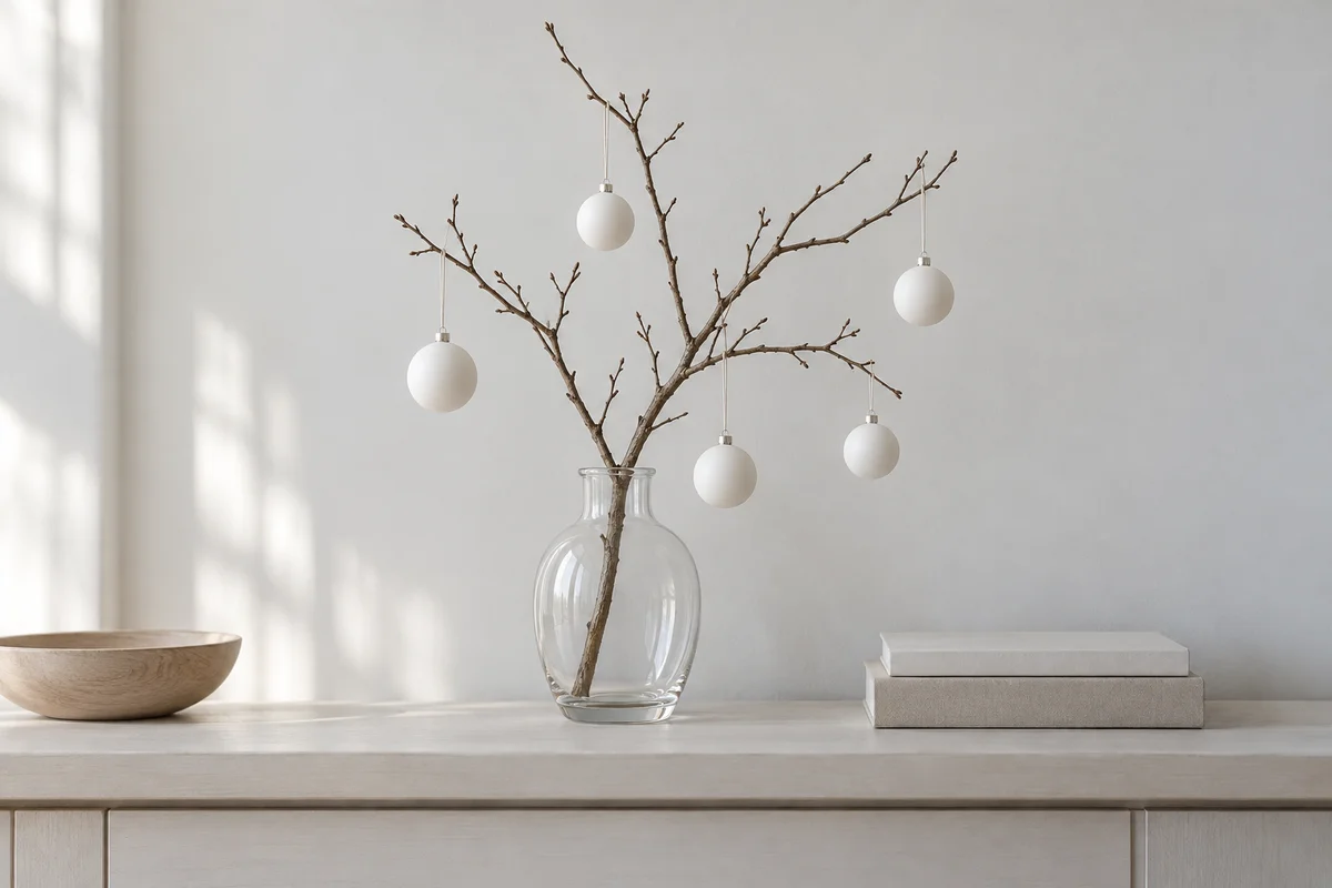 A small group of plain white ornaments hanging on a bare branch in a vase on a pale shelf.