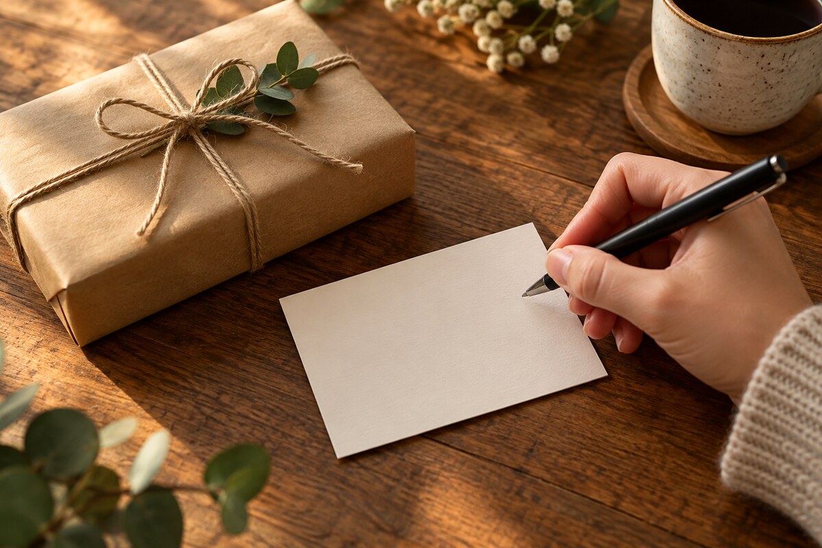 A hand holding a pen above a blank cream card beside a wrapped parcel and twine on a table