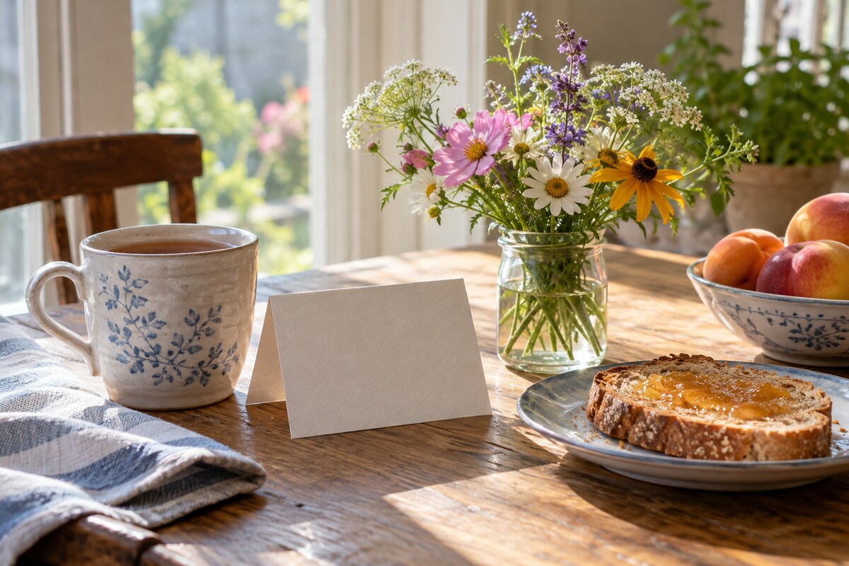 A mug of tea, a blank card and a bunch of garden flowers on a breakfast table